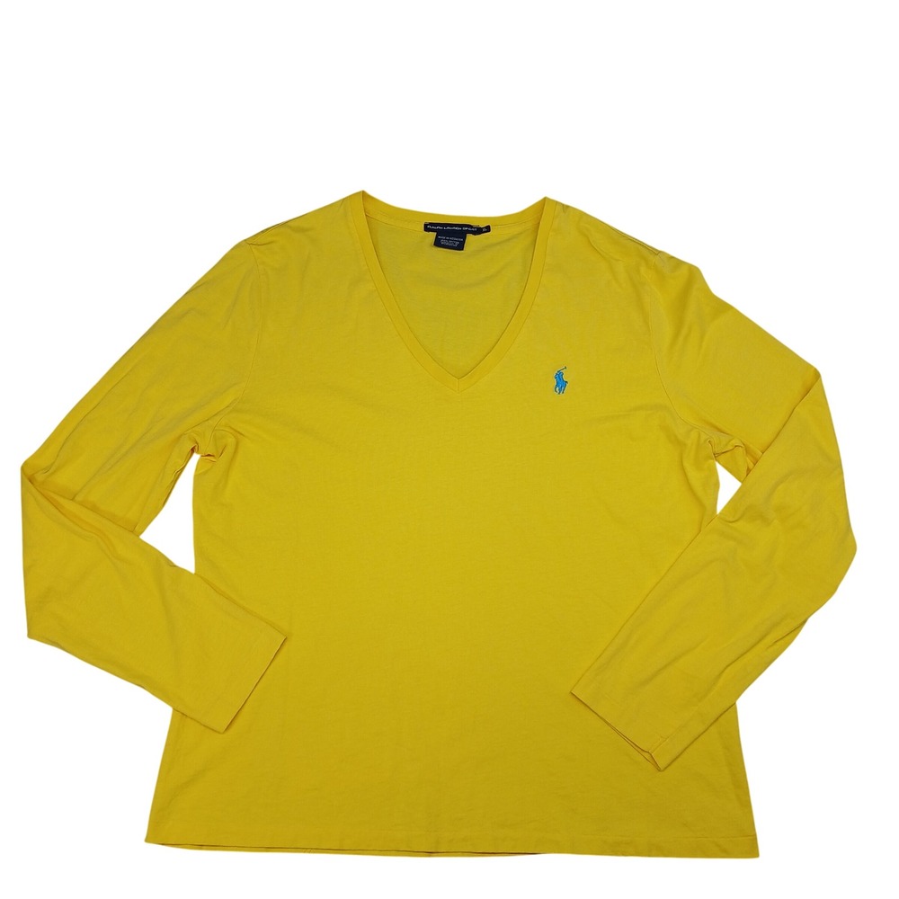 Ralph Lauren Sport Womens XL Yellow V-Neck Long Sleeve Cotton Pony Logo Tee